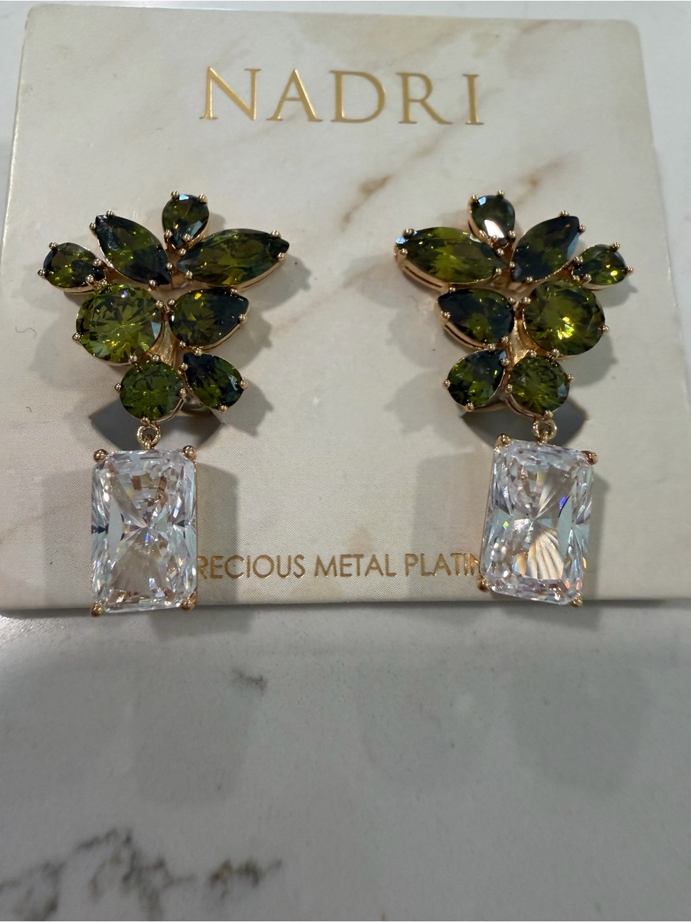 Nadri Gold-Tone Earrings with Olive Green and Clear Crystals